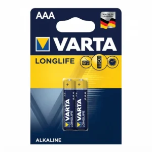 Pile AAA alcaline Varta LR6 en blister de 2, vue de face, deux piles bleues et dorées sous emballage transparent