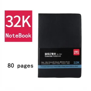 Bloc-notes cuir noir au format 190x130 mm, vu de face, avec bandeau noir Deli et mention 80 pages, sur fond blanc