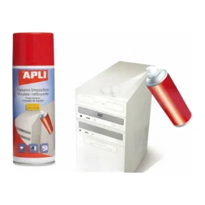 Mousse nettoyante informatique Apli : bombe rouge à gauche, à droite une bombe pulvérisant de la mousse sur une tour blanche.