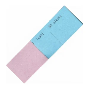 Bon numéroté bleu et rose à souche, vu en diagonale sur fond blanc, portant Nº 016301 et pointillés