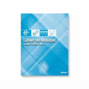 Cahier de musique Ancor bleu, couverture de face avec icônes d'instruments et titre « Cahier de Musique », 48 pages