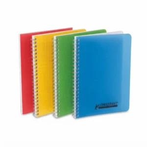 Cahier spirale séyès en quatre couleurs : rouge, jaune, vert et bleu, disposés en éventail