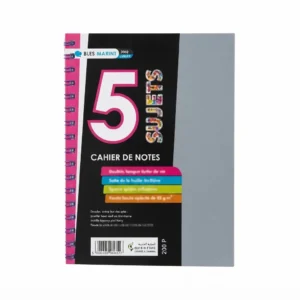 Cahier université 5 sujets à spirale, couverture noire et grise, bande rose sur la tranche, vue de face sur fond blanc
