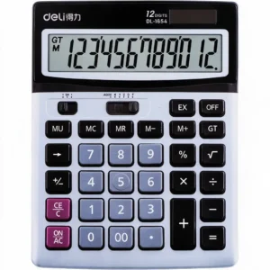 Calculatrice deli argent 1654 vue de face, écran à 12 chiffres et clavier à touches noires et grises