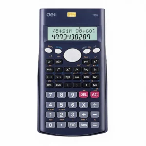 Calculatrice scientifique Deli bleu foncé vue de face, écran LCD à deux lignes et clavier à touches grises et noires