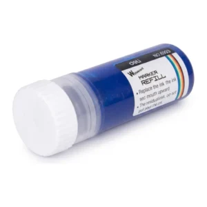 Encre marqueur tableau blanc Deli 6993 bleu : flacon cylindrique bleu à bouchon blanc, vu de côté, étiquette « Marker Refill »