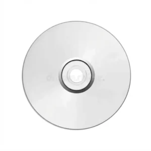 CD R vierge argenté vu de face sur fond blanc, face imprimable lisse avec moyeu central au centre du disque.