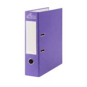 Classeur levier 32x28 Sicla violet vu de face, dos de 8 cm, étiquette blanche et anneaux métalliques visibles sur fond blanc