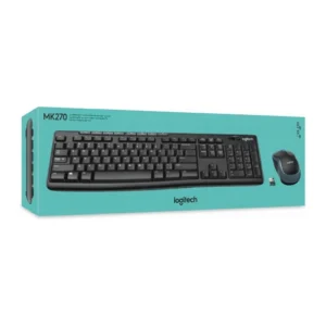 Logitech mk270 : clavier et souris noirs sans fil présentés sur un emballage turquoise, vue de face, récepteur USB visible