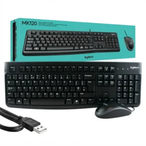 Clavier souris filaire noir Logitech MK120 posé devant sa boîte turquoise, souris à droite et câble USB au premier plan