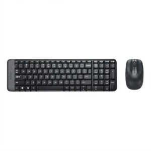 Clavier souris sans fil noir vu de face, clavier compact à côté d'une souris noire sur fond blanc uni