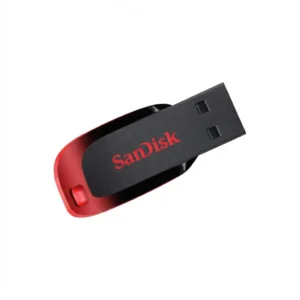 Clé usb 16 go SanDisk Cruzer Blade noire et rouge, vue en diagonale sur fond blanc, connecteur USB et logo SanDisk visibles