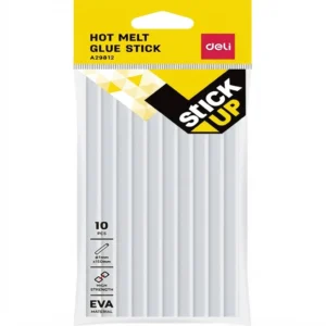 Colle chaude 7x150 mm : lot de 10 bâtons blancs translucides sous emballage plastique jaune et noir, vue de face, marque Deli
