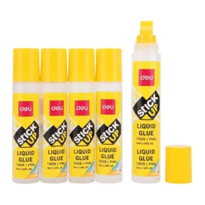 Colle liquide transparente Deli 7302S 50 ml : cinq tubes jaunes alignés, vue de face, un ouvert, capuchon à côté