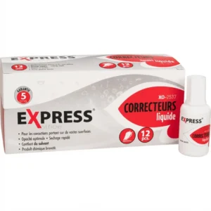 Correcteur liquide à pinceau Express XO-2537 : boîte blanche et rouge de 12 pièces, flacon blanc posé à droite.