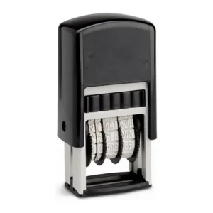 Dateur automatique français noir à molettes de date, vue de face sur fond blanc, format compact de type tampon à l'unité.