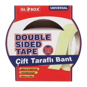 Ruban double face 20mm en emballage cartonné rouge et bleu, vu de face, avec logo Globox et mention Double Sided Tape