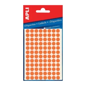 Étiquette ronde orange fluo Apli 8 mm, planche de pastilles orange en grille sous emballage rouge et bleu, vue de face