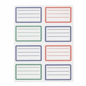 Étiquettes scolaires Algo sur feuille, rectangles à bordure bleue, rouge et verte, avec lignes d'écriture, vues de face.