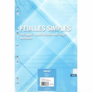 Feuilles simples A4 perforées Ancor : paquet de 100 pages en papier blanc 90 g, emballage plastique bleu vu de face.