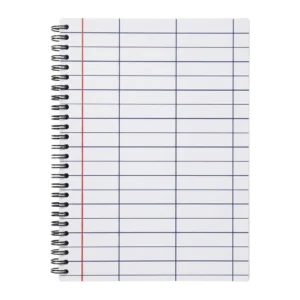 Feuilles simples perforées A4 blanc : cahier à spirale métallique vu de face, lignes bleues et marge rouge.