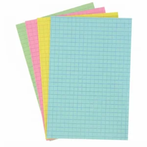 Fiche bristol quadrillée en éventail : fiches vert, rose, jaune et turquoise sur fond blanc