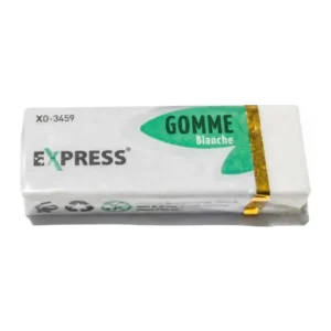 Gomme blanche grande format Express XO-3459, gomme sous film transparent avec étiquette verte et bande dorée, vue de face.