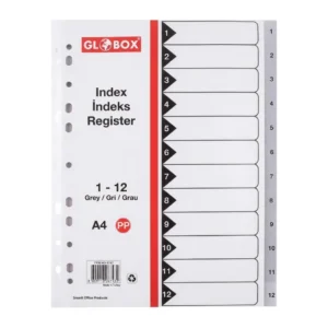 Intercalaires numérotés A4 Globox de 1 à 12, onglets noirs numérotés et bande grise, vue de face sur fond blanc