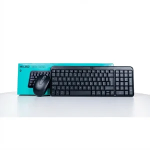 Clavier souris logitech mk250 noir sans fil, vue de face, posé devant une boîte turquoise à l'étiquette MK250.
