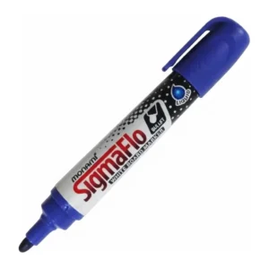Marqueur effaçable bleu Monami SigmaFlo vu de biais, capuchon bleu fixé en haut et pointe ronde en bas, sur fond blanc.