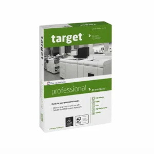 Papier a3 80g target : ramette verte et blanche de 500 feuilles, vue en biais, étiquette indiquant A4