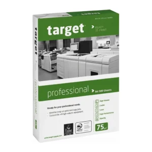 Ramette Target A4 80g : emballage vert et blanc de 500 feuilles, vue de face en biais, mention professional