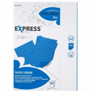 Papier carbone bleu A4 Express XO-2599, paquet de 100 feuilles, vu de face : emballage blanc avec feuilles bleues illustrées.