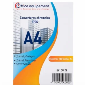 Couverture reliure A4 en paquet de 100 feuilles Chromolux 170 g, emballage carton vue de face, marque Office Equipement.
