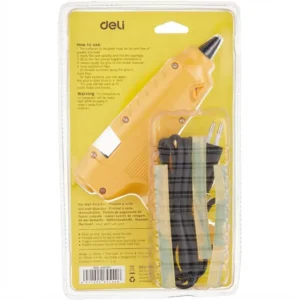 Pistolet deli 60w jaune en blister transparent, vue de dos avec notice d'utilisation en anglais et cordon noir