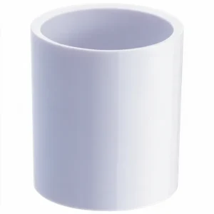 Porte stylo rond blanc en plastique vu de trois quarts, ouverture circulaire sur le dessus.