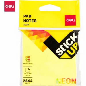 Notes autocollantes néon Deli Stick Up en emballage plastique transparent, bloc jaune fluo, vue de face, format 76x76 mm