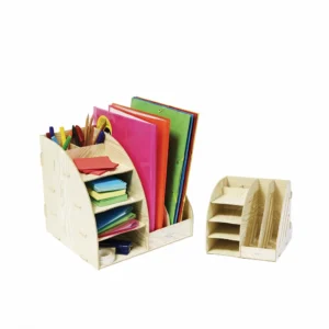 Rangement de bureau en bois avec casiers, pots à crayons et chemises colorées, vu de face, à côté d'un modèle plus petit