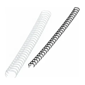 Reliure spirale métallique blanche à gauche et noire à droite, deux spirales posées en diagonale sur fond blanc, vue de côté