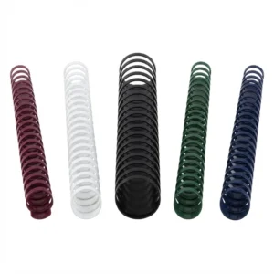 Spirale plastique 8mm noire, au centre d'une rangée de cinq spirales de couleurs variées, vue de face sur fond blanc.