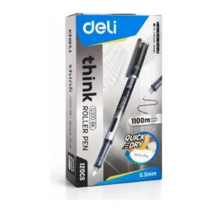 Stylo roller noir Deli Think EQ300 0.5 mm : boîte de vente vue de face, un stylo noir visible sur le visuel