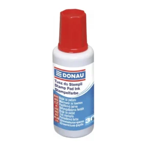Encre tampon rouge Donau : flacon blanc de 30 ml à bouchon rouge, étiquette bleue multilingue, vue de face sur fond blanc.
