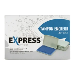 Tampon encreur bleu Express Office XO-0793 : boîte carton de face, boîtier ouvert montrant le tampon bleu